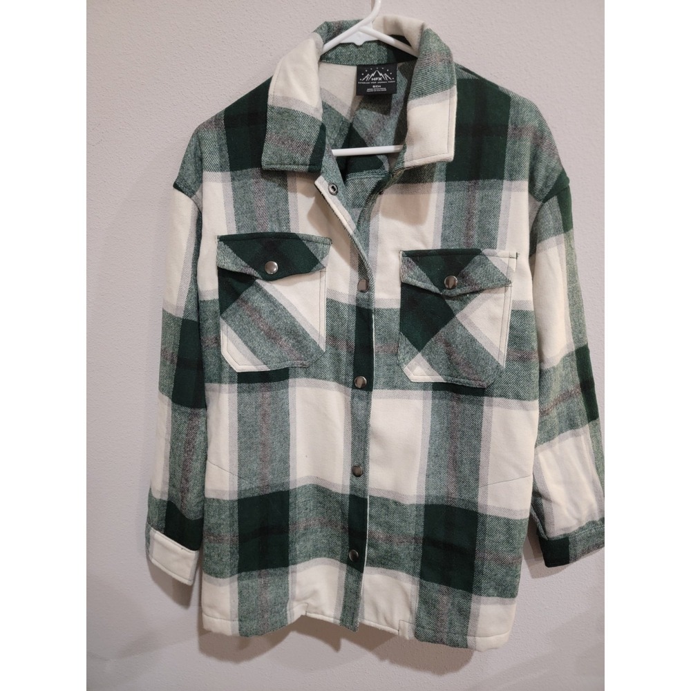 HFX Women's Snap Down Front Pocket Shirt Jacket Long Sleeve Green White Size S‎